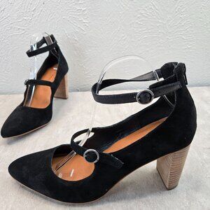 Lucky Brand Maryjane Pumps Black Suede Buckle Block Heel Pointed Formal Shoes 11